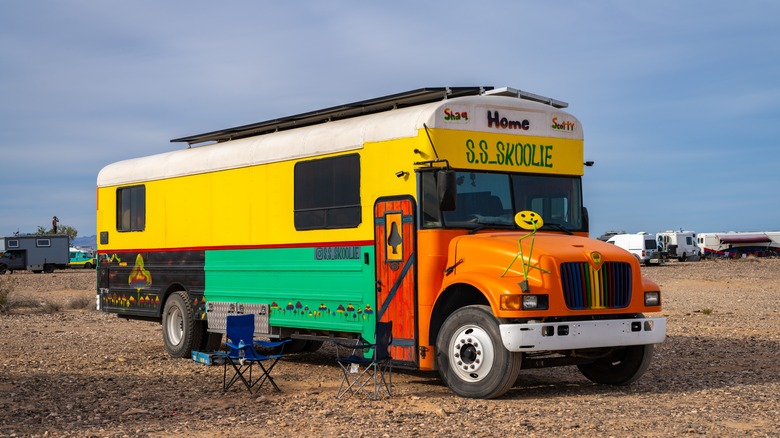 renovated colorful skoolie converted school bus