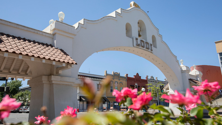 Downtown Lodi arch with colorful buildings and flowers