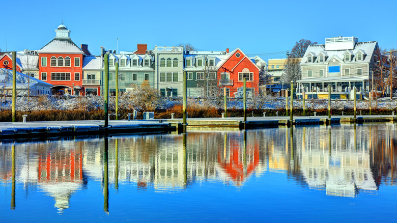 Downtown Miltford, Connecticut, reflected in the water in winter