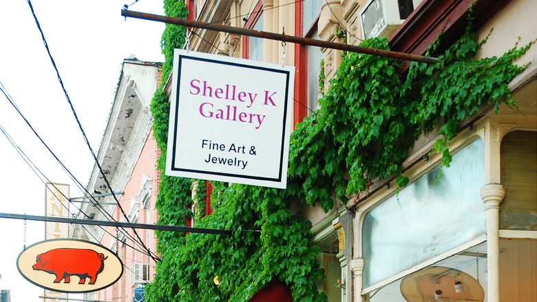 Art gallery signs Saugerties ivy-covered storefronts