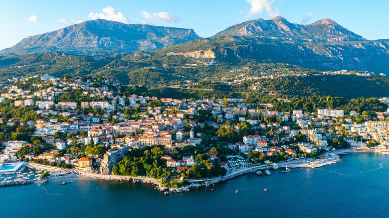 An aerial landscape of Herceg Novi and the surrounding mountains of Montenegro