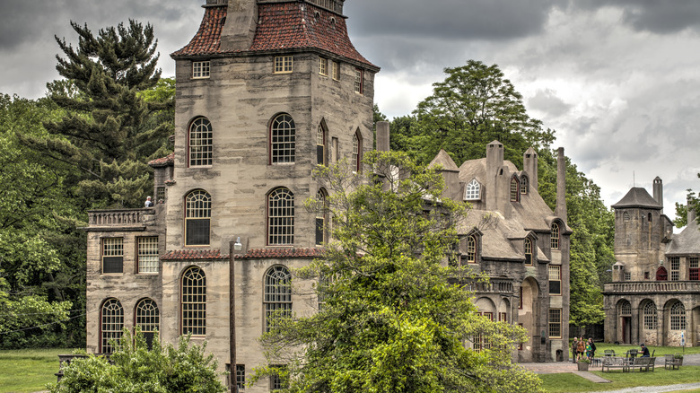 Fonthill Castle stands beneath a gray sky in Doylestown, Pennsylvania