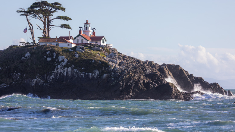 Lighthouse rocky island waves Crescent City