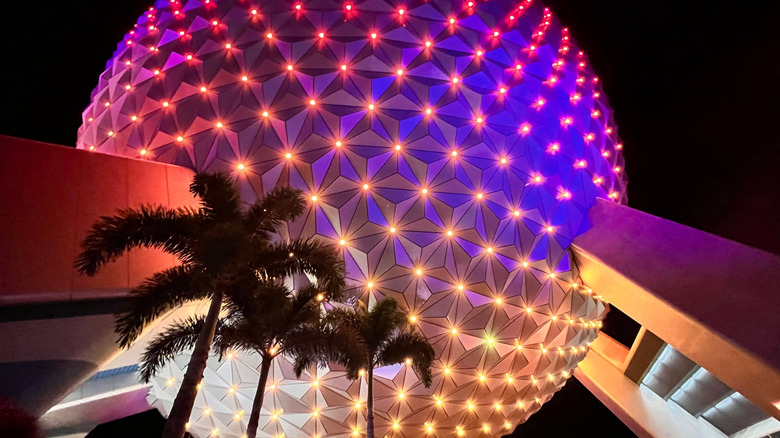 A close up view of EPCOT at night at Disney World.