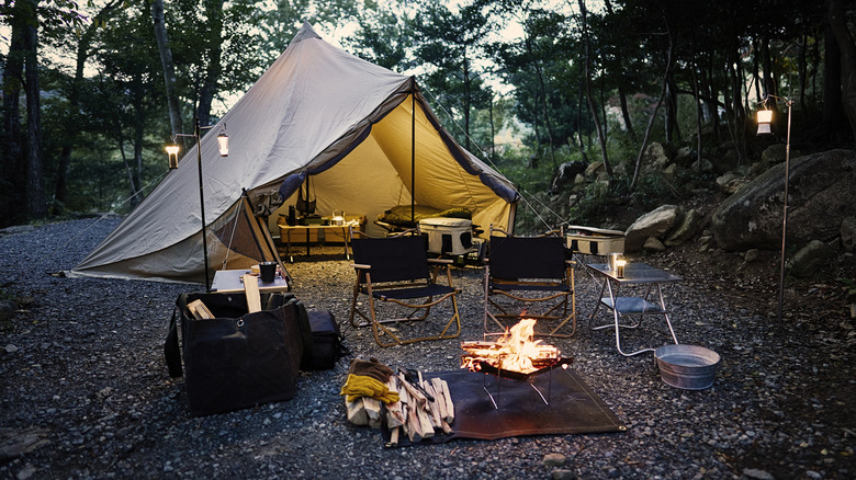 Campsite set up at dusk