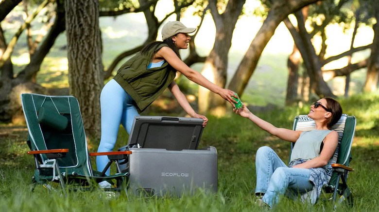 A woman passes a cold drink from her EcoFlow fridge to another woman.
