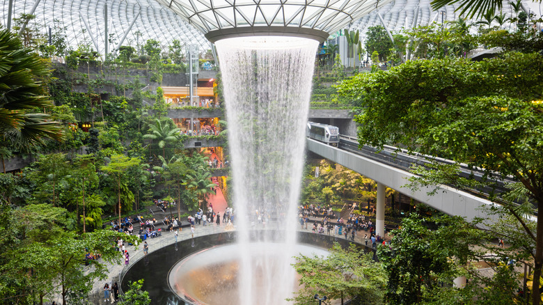 The Singapore Rain Vortex, the largest indoor waterfall in the world located inside the Jewel Changi Airport
