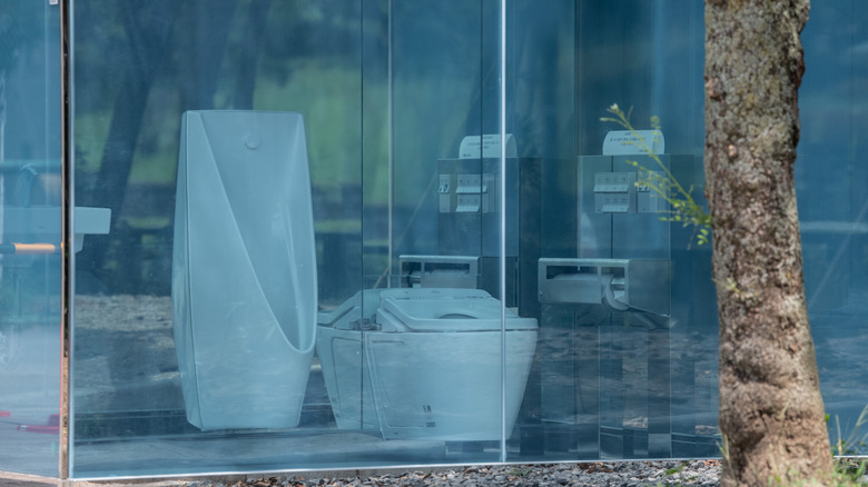 A public toilet in Japan surrounded by coloured smart glass