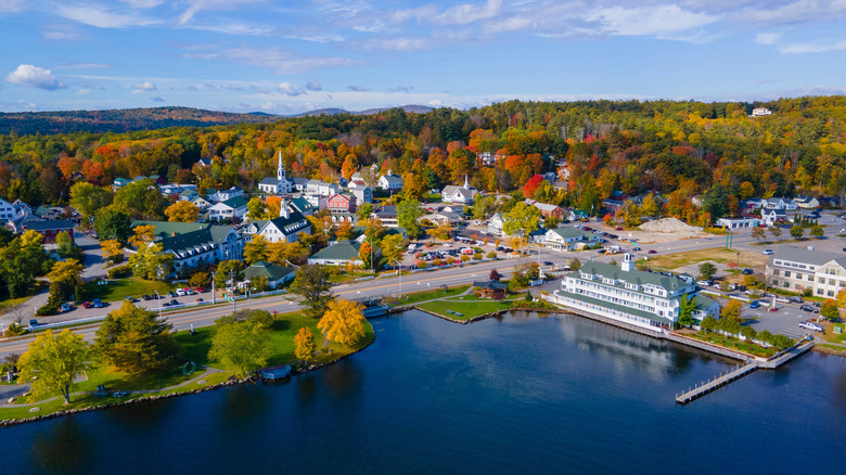 Meredith Bay on Lake Winnipesaukee during fall foliage in Meredith, New Hampshire