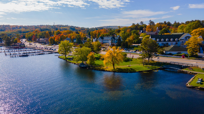 Meredith Bay on Lake Winnipesaukee during fall foliage in Meredith, New Hampshire