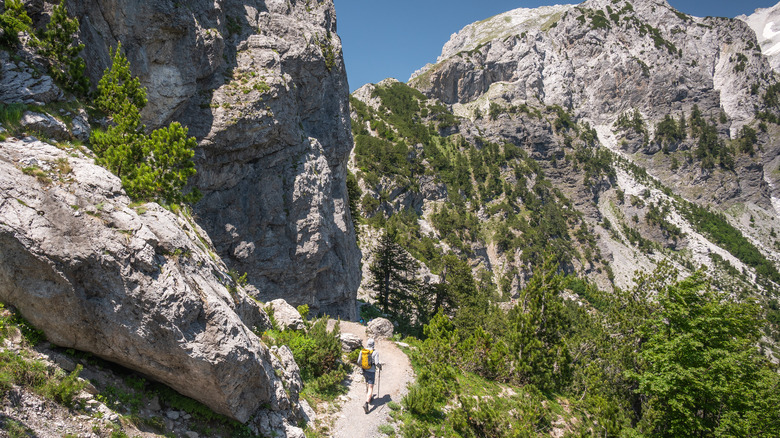 Aerial view of a hiker in rocky mountains