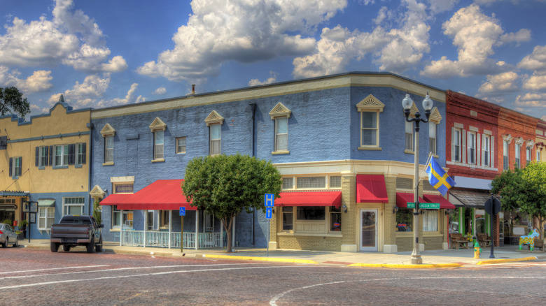 colorful buildings on a street corner in Lindsborg