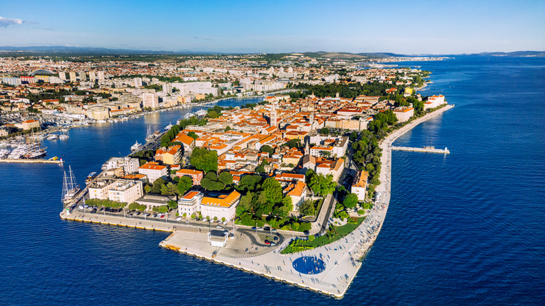 Aerial view of European city with sea