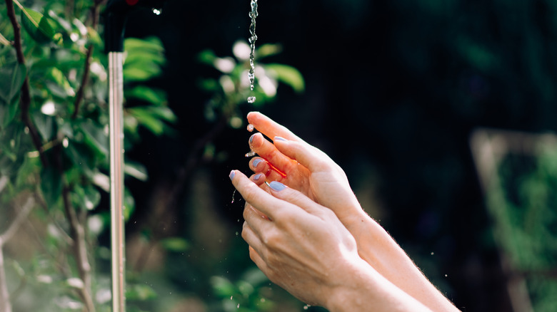 A gentle flow of water dribbles onto hands.