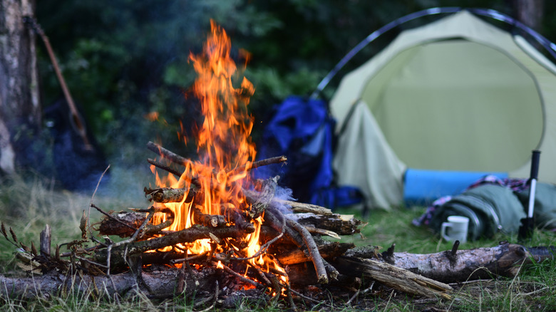 A campfire outside of a tent.