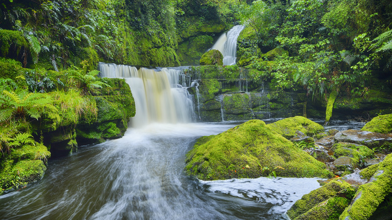 Waterfall flowing over mossy covered rocks into pool