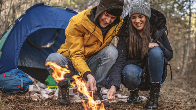 Smiling couple roasting marshmellows