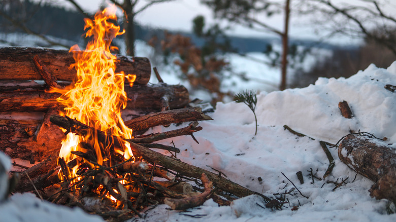 campfire burning in the snow