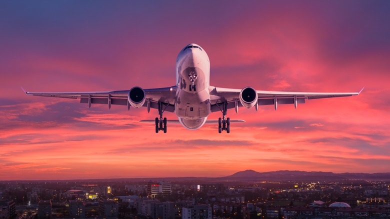 plane flying at sunset