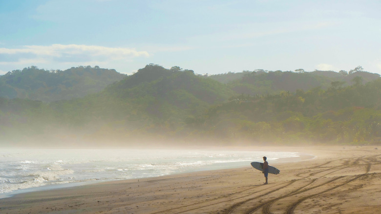 Surfer stands on beach in front of mountains