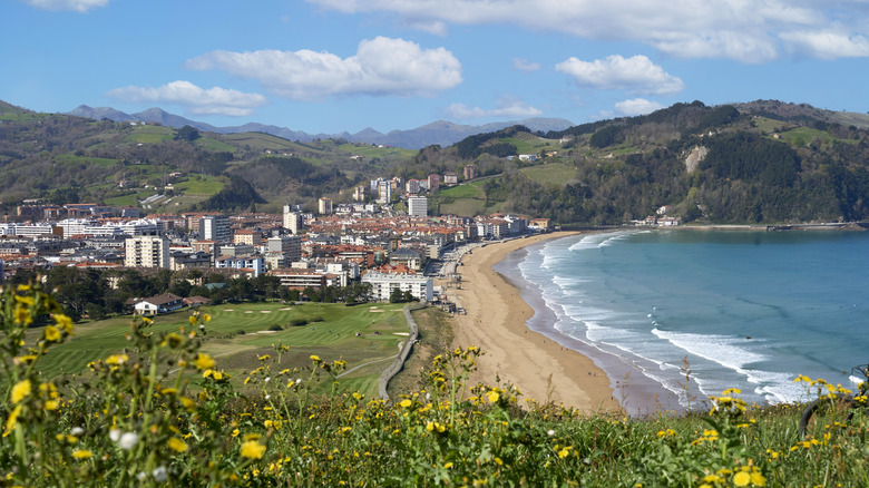 Green hills and a small Spanish town with a beach