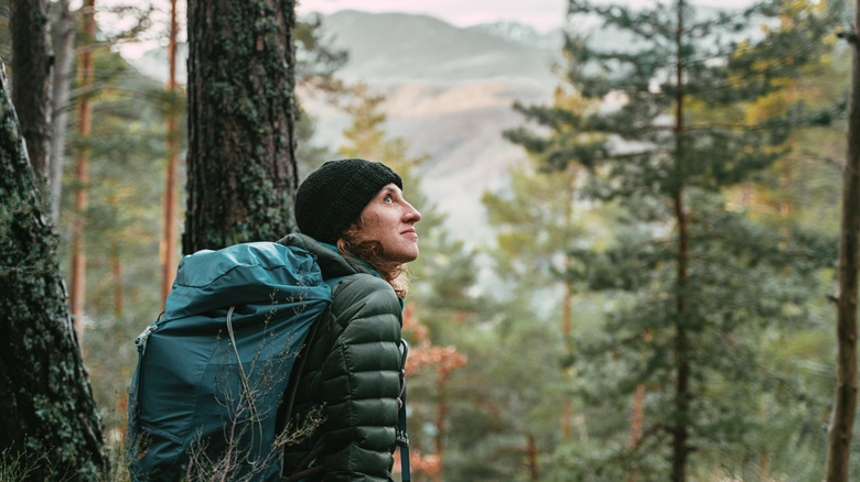 A hiker taking in her surroundings on a trail
