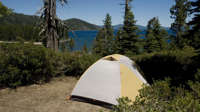 A camping tent set up at Lake Tahoe