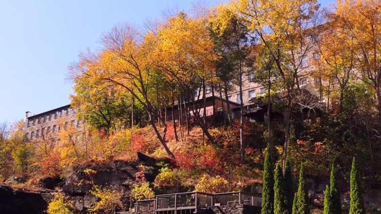 the exterior of Ledges Hotel along Wallenpaupack Creek in Hawley, Pennsylvania in the Poconos