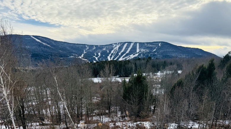 A view of the snow-covered ski slopes at the Windham Mountain Club in the Catskill Mountains of New York