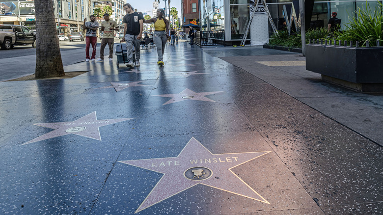 Stars and pedestrians on the Hollywood Walk of Fame
