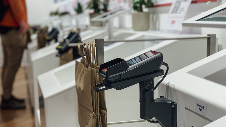 A self checkout with RFID scanning bins