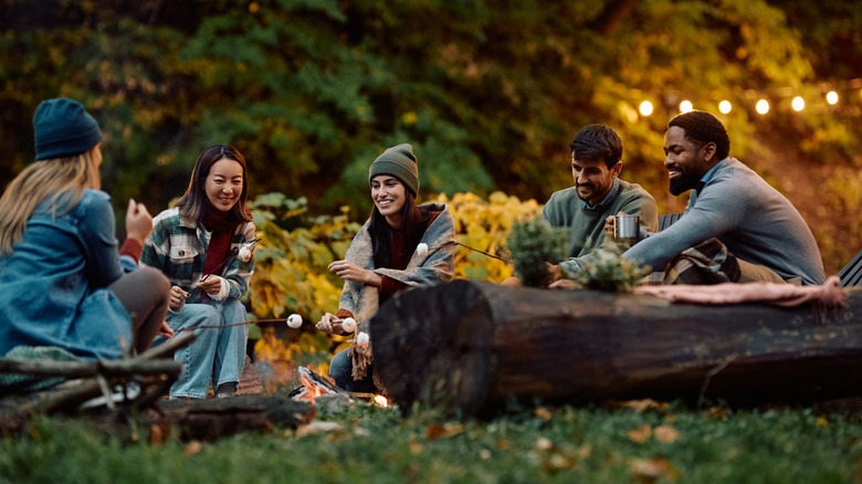 a group of five friends sitting around a campfire at a campsite