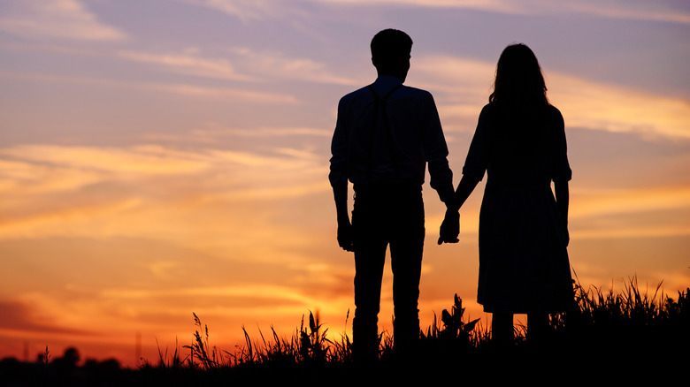 Couple holding hands watching the sunset