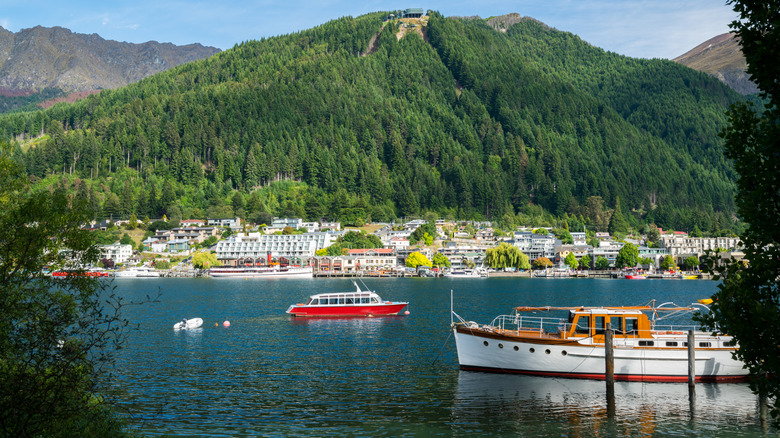 Queenstown lakefront with boats view on the island, New Zealand