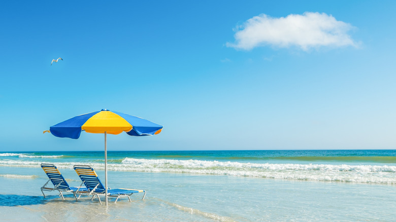 Blue and yellow beach umbrella and beach chairs on the oceanside