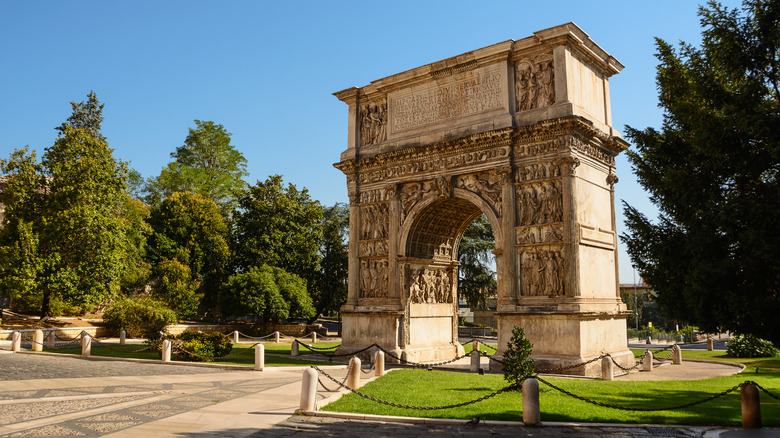 The carved Arch of Trajan in Benevento, Italy on a sunny day