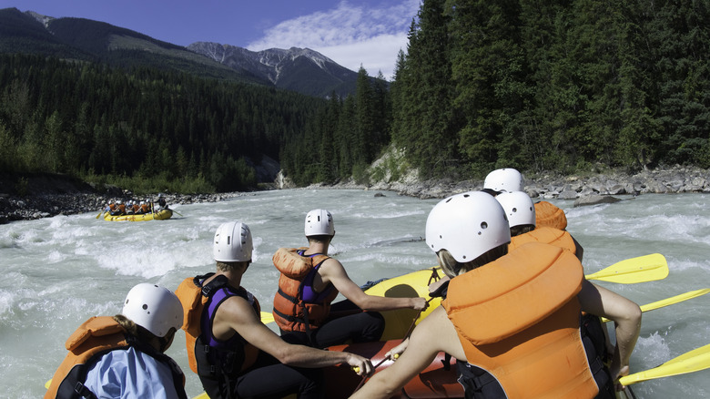 A group rafting a mountain river