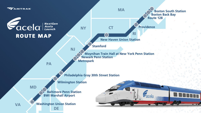 A map of the northeastern train route on Amtrak