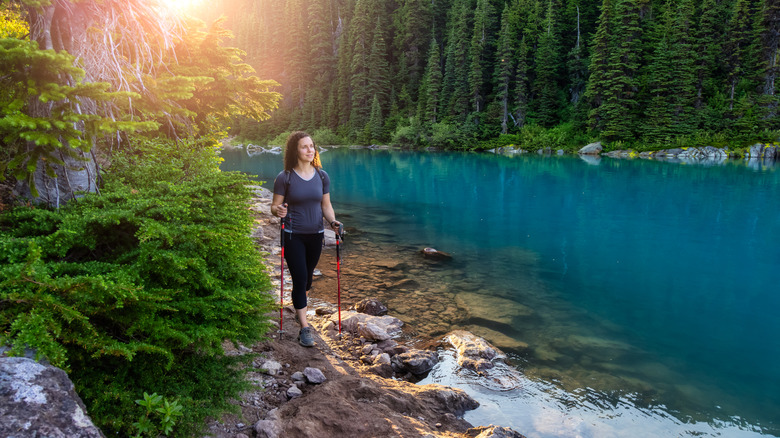 Adventurous White Caucasin Adult Woman Hiking in Garibaldi Lake near Whistler and Squamish, British Columbia, Canada.