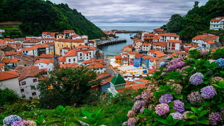 A colorful coastal village in Asturias surrounded by verdant hills