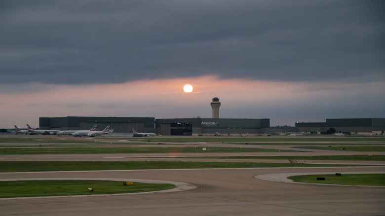 Sunset over Dallas Fort Worth International Airport in Texas
