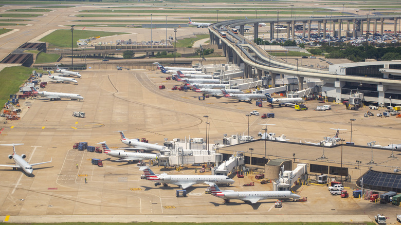 Aerial view of planes at Terminal E at Dallas-Fort Worth International Airport