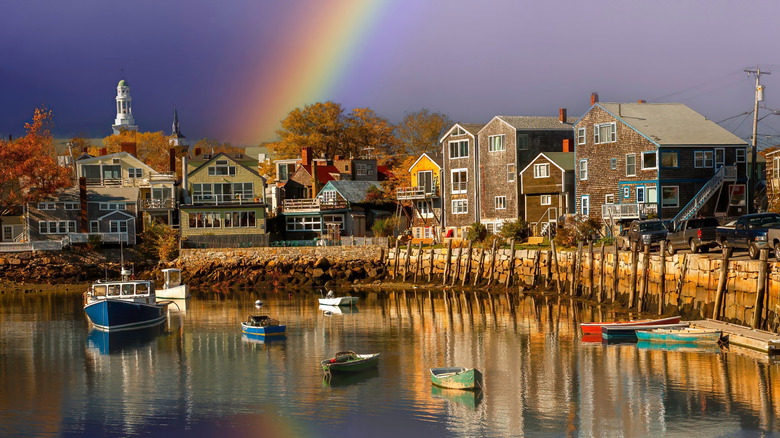 A rainbow emerges over Rockport, Massachusetts