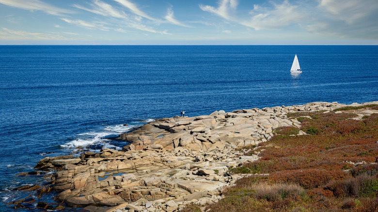 A sailboat eases past rocky coast in Halibut Point State Park, Massachusetts