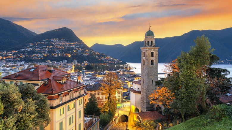 Lugano, Switzerland skyline at dusk