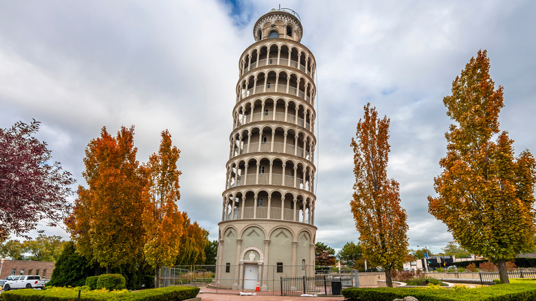 The Leaning Tower of Niles surrounded by fall foliage