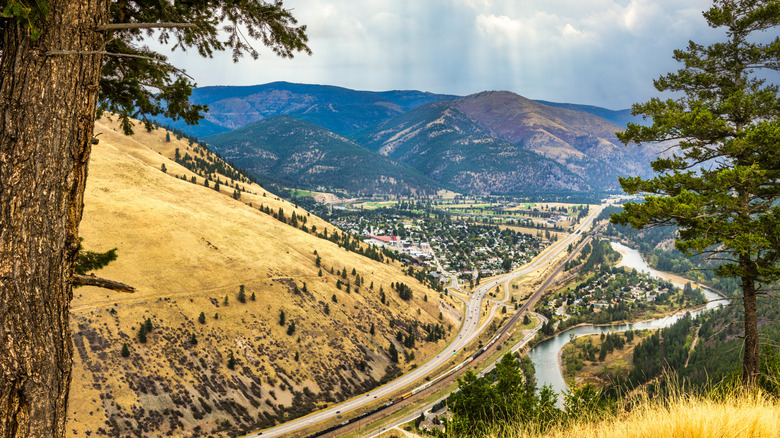 Aerial view of 1960 highway and East Missoula, Montana