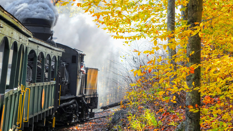 vintage train winding through West Virginia