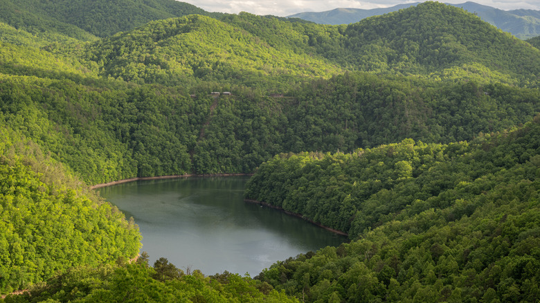 the mountains surround Fontana Lake on the border of Great Smoky Mountains National Park in North Carolina