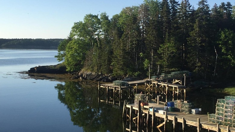 Old fashioned port with trees on lake